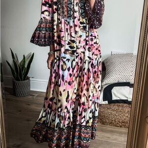 Pink Leopard Maxi Dress – Flowy, Buttoned Front, Western Inspired